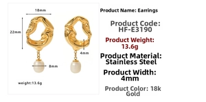 Detailed view of irregular 18K gold plated stainless steel earrings with pearl pendant