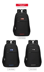 Detailed view of large business travel backpacks in red, blue, and black nylon colors