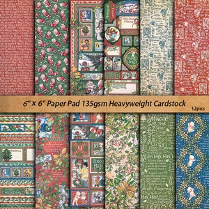 12-pack of 6x6 inch vintage Christmas cardstock with 135gsm retro holiday illustrations