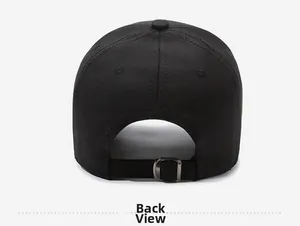 Detail view of the black cotton baseball cap back with adjustable metal buckle closure