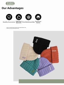 Detail view of thick ribbed knit beanies in five colors with contrast letter embroidery