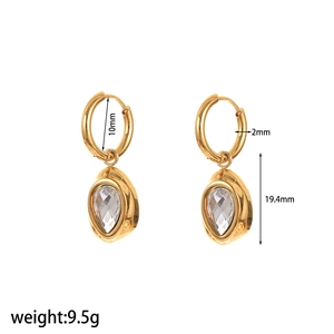 French style 18k gold plated stainless steel hoop earrings with teardrop zircon pendants
