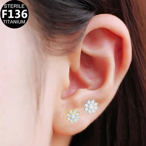 F136 Titanium flower stud earrings with white zircon for helix and labret piercings