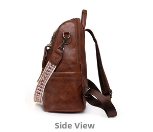 Side view of brown leather backpack with colorful bohemian style woven shoulder strap