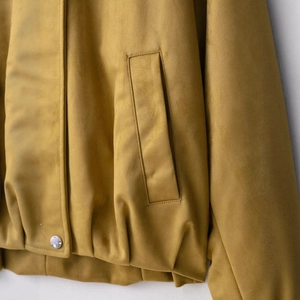 Mustard yellow suede jacket with lapel collar and metallic buttons for women
