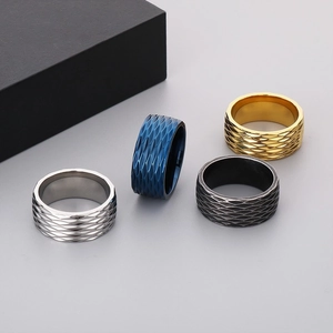 10mm geometric titanium steel men's ring set in silver, gold, blue, and black finishes