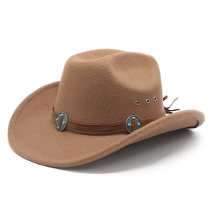 Detail of brown wide brim fedora with turquoise beads and side ventilation holes