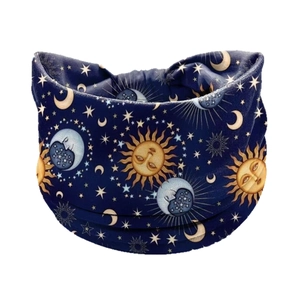 Bohemian elastic headband with gold sun and silver moon prints on deep blue fabric