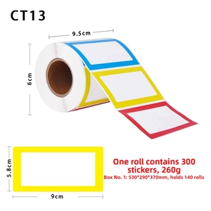 Detail view of cartoon name labels roll showing assorted colorful border stickers