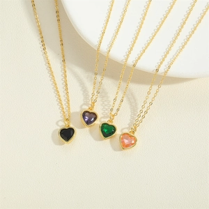 Fashionable gold zircon heart pendant necklaces in black, purple, green and pink options