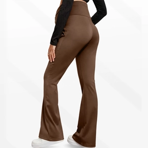 Detail view of maternity yoga pants with flare leg design and supportive high waist band