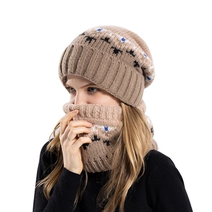 Winter knit beanie and neck warmer set in khaki featuring snowflake jacquard patterns