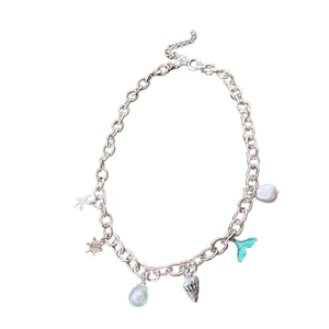Silver ocean theme necklace with starfish sea turtle shell pearl and teal fishtail charm