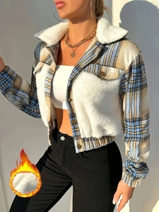 Short plaid jacket for women with contrast faux shearling collar and button detail