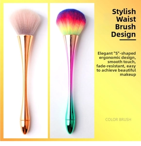 Ergonomic S-curve nail dust and makeup brush with rose gold and rainbow metallic finish