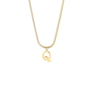Detailed view of the 18K gold letter Q pendant on a sleek flat snake chain necklace