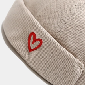 Beige miki hat with red heart embroidery made of premium twill fabric for women