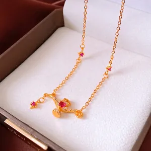 24K gold plated Aladdin lamp pendant necklace with red heart zircon and star accents