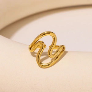 Minimalist gold teardrop hollow wavy ring with polished stainless steel finish for women