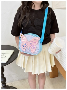 Detail of laser sequins butterfly on a blue crossbody bag for children stylish accessories
