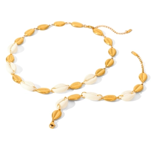 Elegant stainless steel necklace and bracelet set with golden links and white shells