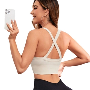 Soutien-gorge de sport à dos croisé beige avec bande côtelée pour yoga et fitness