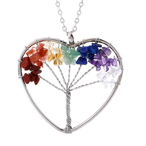 Detailed macro shot of heart-shaped tree of life pendant with colorful natural stones