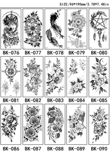 Grid view of 15 black and white sketch floral temporary tattoo stickers, size 96x190mm