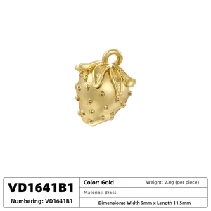 Detail of strawberry charm with brass texture, 9x11.5mm size and gold finish