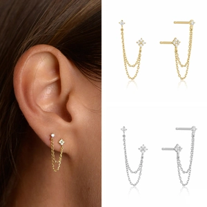 Double Piercing Chain Stud Earrings Zircon Copper With 925 Sterling Silver Earring Post Floral Tassel Jewelry Women