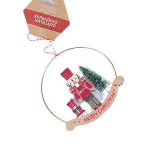 Christmas nutcracker round metal ornament with wooden base and Merry Christmas text