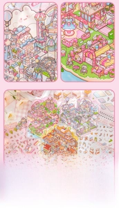 Detail of 3D miniature city stickers with cute cartoon theme and macaron color tones