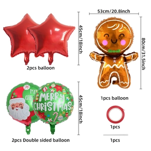 Detailed size chart of Christmas foil balloon set with gingerbread man and red stars