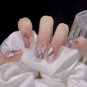 Purple Ombre Press On Nails Long Coffin Shape With 3D Butterfly Flower Artificial Pearl Glitter French Sweet Style For Women
