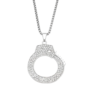 Hip hop stainless steel necklace with handcuff pendant featuring shiny white zircons