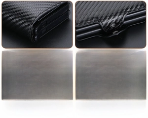 Detail of high-quality carbon fiber texture and hardware buckle on RFID slim wallet