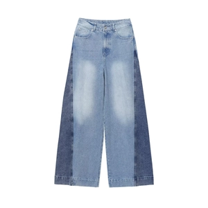 Women's Patchwork High Waist Wide Leg Jeans Two Tone Washed Denim Straight Pants Streetwear Casual Fashion Denim Trousers