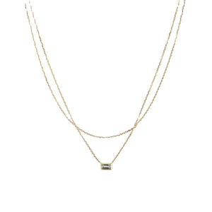 Double layered gold necklace with rectangular clear zircon pendant on minimalist chain