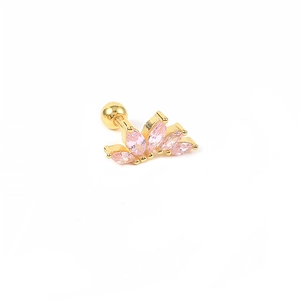 Detail of gold crown flower stud earring with pink marquise stones and screw back ball