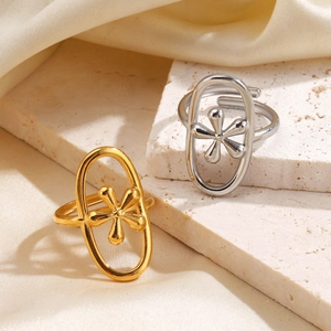 Stainless Steel Flower Hollow Oval Ring Open Adjustable Geometric Textured Minimalist Elegant Fashion Jewelry For Women
