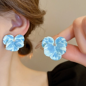 Iris blue flower stud earrings with enamel petals and central rhinestone for women