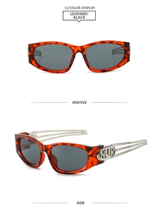 Detail view of fashion square sunglasses with leopard texture frames and metal temples
