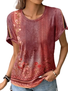 Women's summer short sleeve t-shirt with ethnic floral print and hollow knotted sleeves