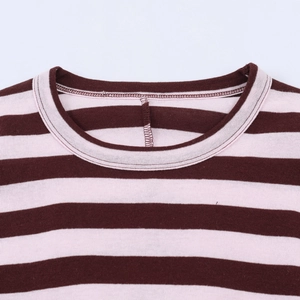 Detail of round neckline and rib-knit finish on a striped long-sleeved shirt