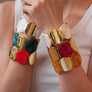 Bracciale Elastico Spesso Con Lega E Acrilico Splicing Geometrico Resina Texture Marmo Gioielli Retrò Per Donne