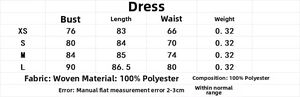 Size chart for velvet dress with fringe detailing, measurements for XS, S, M, and L sizes