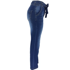 Detail view of high waist denim jeans featuring side pockets and a stylish waist belt tie