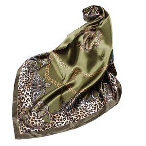 Olive green satin square scarf with vintage leopard print and golden baroque chain details