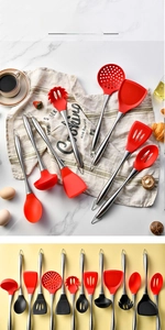 Detail showing red and black silicone cooking utensils with stainless steel handles