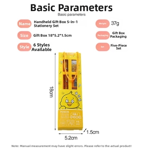Close-up of the yellow duck cartoon stationery gift box set with size measurements